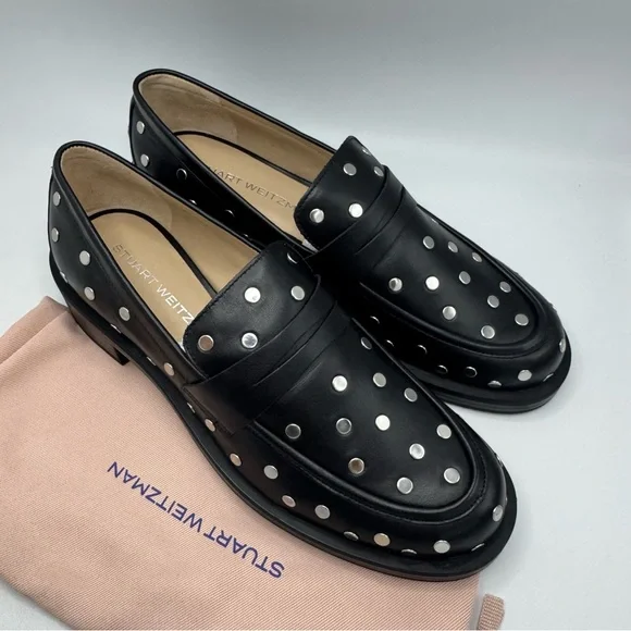 STUART WEITZMAN Palmer Bold Studded Leather Loafers Size 9 Black